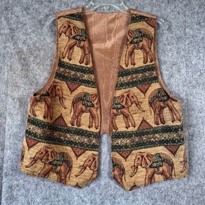 Vintage Tapestry Vest Elephant Boho Folkart Festival Waistcoat Womens Large USA
